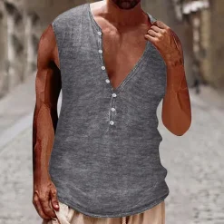 Best OUKU Men's Tank Top Vest Top Undershirt Sleeveless Shirt Sleeveless Henley Summer Plain Vintage Fashion Designer Buttons Vacation Street Going out Black White Brown Top Tee for Men