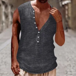 Best OUKU Men's Tank Top Vest Top Undershirt Sleeveless Shirt Sleeveless Henley Summer Plain Vintage Fashion Designer Buttons Vacation Street Going out Black White Brown Top Tee for Men