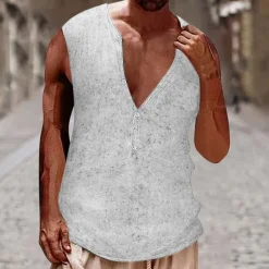 Best OUKU Men's Tank Top Vest Top Undershirt Sleeveless Shirt Sleeveless Henley Summer Plain Vintage Fashion Designer Buttons Vacation Street Going out Black White Brown Top Tee for Men