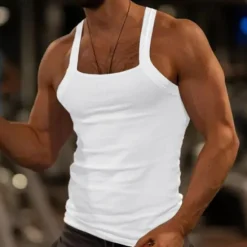 Discount OUKU Men's Tank Top Vest Top Undershirt Ribbed Knit tee Sleeveless Square Summer Plain Fashion Streetwear Bodybuilding Fitness Sports & Outdoor Athleisure Black White Pink Top Tee for Men