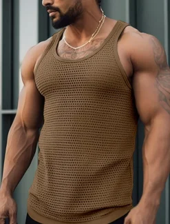 Sale OUKU Men's Tank Top Vest Top Undershirt Sleeveless Shirt Sleeveless Crew Neck Summer Plain Fashion Designer Muscle Mesh Outdoor Going out Gym Black White Green Top Tee for Men