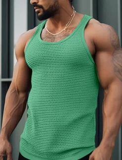 Sale OUKU Men's Tank Top Vest Top Undershirt Sleeveless Shirt Sleeveless Crew Neck Summer Plain Fashion Designer Muscle Mesh Outdoor Going out Gym Black White Green Top Tee for Men