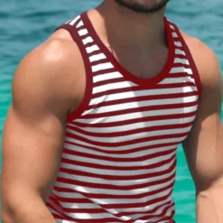 Clearance OUKU Men's Tank Top Vest Top Undershirt Sleeveless Shirt Sleeveless Crew Neck Summer Striped Fashion Streetwear Athleisure Print Vacation Athleisure Going out Red Blue Green Top Tee for Men