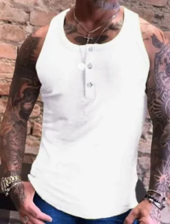Clearance OUKU Men's Tank Top Vest Top Undershirt Sleeveless Shirt Sleeveless Crew Neck Summer Plain Fashion Streetwear Muscle Button-Down Sports & Outdoor Athleisure Gym White Blue Green Top Tee for Men