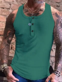 Clearance OUKU Men's Tank Top Vest Top Undershirt Sleeveless Shirt Sleeveless Crew Neck Summer Plain Fashion Streetwear Muscle Button-Down Sports & Outdoor Athleisure Gym White Blue Green Top Tee for Men