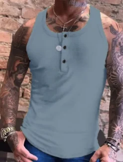 Clearance OUKU Men's Tank Top Vest Top Undershirt Sleeveless Shirt Sleeveless Crew Neck Summer Plain Fashion Streetwear Muscle Button-Down Sports & Outdoor Athleisure Gym White Blue Green Top Tee for Men