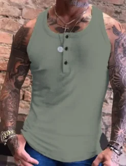 Clearance OUKU Men's Tank Top Vest Top Undershirt Sleeveless Shirt Sleeveless Crew Neck Summer Plain Fashion Streetwear Muscle Button-Down Sports & Outdoor Athleisure Gym White Blue Green Top Tee for Men