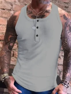 Clearance OUKU Men's Tank Top Vest Top Undershirt Sleeveless Shirt Sleeveless Crew Neck Summer Plain Fashion Streetwear Muscle Button-Down Sports & Outdoor Athleisure Gym White Blue Green Top Tee for Men