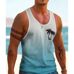 Sale OUKU Men's Tank Top Vest Top Undershirt Sleeveless Shirt Sleeveless Crewneck Summer Gradient Fashion Designer Vacation Street Going out Dark Navy Blue Orange Top Tee for Men