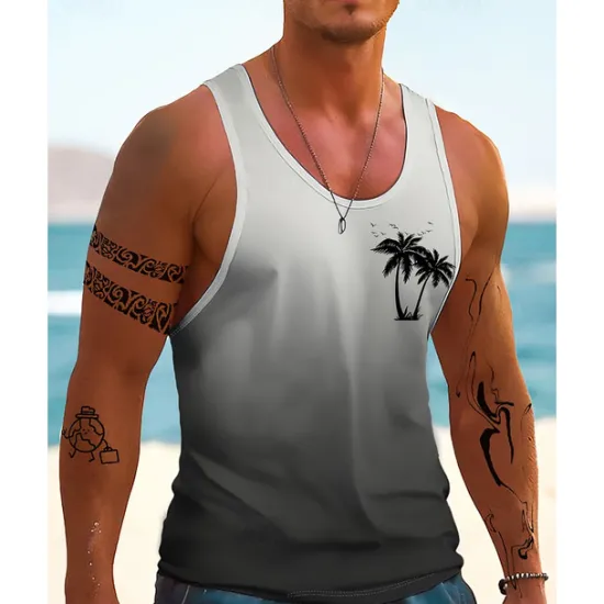 Sale OUKU Men's Tank Top Vest Top Undershirt Sleeveless Shirt Sleeveless Crewneck Summer Gradient Fashion Designer Vacation Street Going out Dark Navy Blue Orange Top Tee for Men