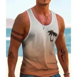 Sale OUKU Men's Tank Top Vest Top Undershirt Sleeveless Shirt Sleeveless Crewneck Summer Gradient Fashion Designer Vacation Street Going out Dark Navy Blue Orange Top Tee for Men