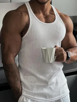 Outlet OUKU Men's Tank Top Vest Top Undershirt Sleeveless Shirt Sleeveless U Neck Summer Spring Striped Fashion Streetwear Sport Indoor Casual Daily Black White Dark Navy Top Tee for Men