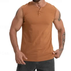 Sale OUKU Men's Tank Top Vest Top Undershirt Sleeveless Shirt Sleeveless Henley Spring & Summer Plain Fashion Designer Vacation Street Going out Black Dark Navy Khaki Top Tee for Men