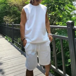 OUKU Men's Tank T-shirt Suits 2 Pieces Outfits Tee & Shorts Sleeveless Crew Neck Summer Plain Fashion Casual 2 Piece Vacation Daily Wear Going out Black White Top Tee for Men