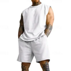 OUKU Men's Tank T-shirt Suits Undershirt 2 Pieces Outfits Short Sleeve Crewneck Summer Plain Fashion Casual 2 Piece Vacation Daily Wear Going out Black White Red Top Tee for Men