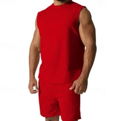 OUKU Men's Tank T-shirt Suits Undershirt 2 Pieces Outfits Short Sleeve Crewneck Summer Plain Fashion Casual 2 Piece Vacation Daily Wear Going out Black White Red Top Tee for Men