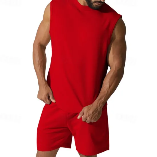 OUKU Men's Tank T-shirt Suits Undershirt 2 Pieces Outfits Short Sleeve Crewneck Summer Plain Fashion Casual 2 Piece Vacation Daily Wear Going out Black White Red Top Tee for Men