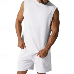 OUKU Men's Tank T-shirt Suits Undershirt 2 Pieces Outfits Short Sleeve Crewneck Summer Plain Fashion Casual 2 Piece Vacation Daily Wear Going out Black White Red Top Tee for Men