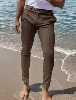 Online OUKU Men's Tapered pants Trousers Chinos Buttons Pocket Solid Color Comfort Outdoor Work Daily Fashion Classic Style Micro-elastic Coffee
