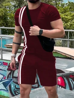 OUKU Men's Tee & Drawstring Waist Shorts 2 Pieces Outfits Short Sleeve Crewneck Summer Color Block Striped Fashion Sport Casual 2 Piece Vacation Casual Daily Wear Black Wine Green Top Tee for Men
