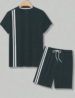 OUKU Men's Tee & Drawstring Waist Shorts 2 Pieces Outfits Short Sleeve Crewneck Summer Color Block Striped Fashion Sport Casual 2 Piece Vacation Casual Daily Wear Black Wine Green Top Tee for Men