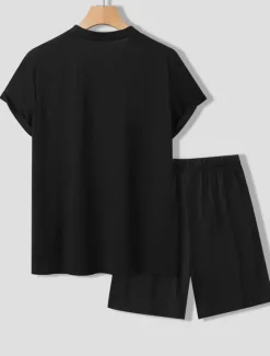OUKU Men's Tee & Drawstring Waist Shorts 2 Pieces Outfits Short Sleeve Crewneck Summer Color Block Striped Fashion Sport Casual 2 Piece Vacation Casual Daily Wear Black Wine Green Top Tee for Men