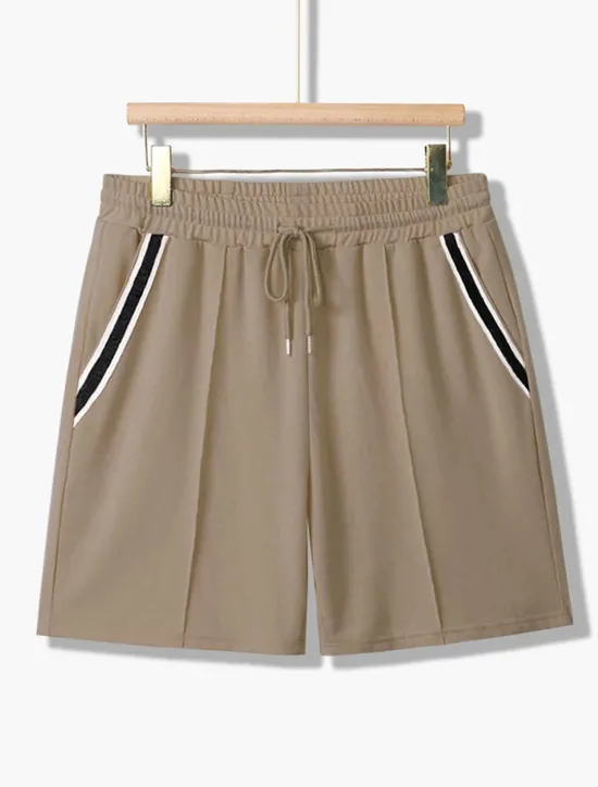 New OUKU Men's Tee & Drawstring Waist Shorts 2 Pieces Outfits Short Sleeves Crewneck Summer Striped Fashion Sport Casual 2 Piece Striped Trim Vacation Daily Wear Activewear Black Pink Khaki Top Tee for Men