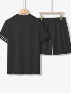 New OUKU Men's Tee & Drawstring Waist Shorts 2 Pieces Outfits Short Sleeves Crewneck Summer Striped Fashion Sport Casual 2 Piece Striped Trim Vacation Daily Wear Activewear Black Pink Khaki Top Tee for Men