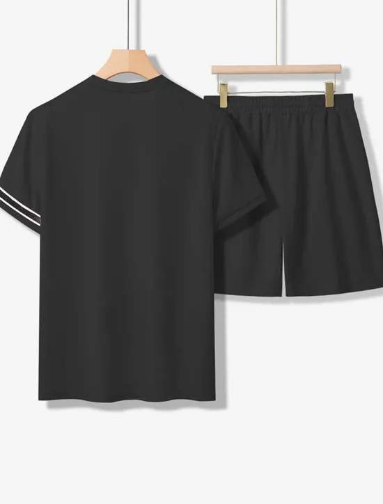 New OUKU Men's Tee & Drawstring Waist Shorts 2 Pieces Outfits Short Sleeves Crewneck Summer Striped Fashion Sport Casual 2 Piece Striped Trim Vacation Daily Wear Activewear Black Pink Khaki Top Tee for Men