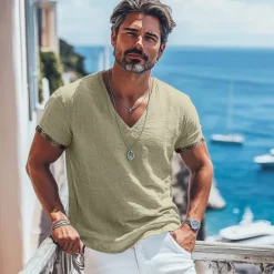 Outlet OUKU Men's Tee Top Linen T-Shirt Short Sleeve Short Sleeves V Neck Summer Plain Fashion Designer Basic Soft Vacation Street Casual Daily Light Blue White Pink Top Tee for Men
