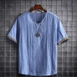 Outlet OUKU Men's Tee Top Linen T-Shirt Short Sleeve Short Sleeves V Neck Summer Plain Fashion Designer Basic Soft Vacation Street Casual Daily Light Blue White Pink Top Tee for Men