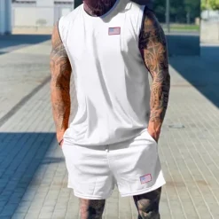 Best OUKU Men's Tennis Shirt Shorts and T Shirt Set Casual Sleeveless Suit Sleeveless Crew Neck Summer Color Block Gymnatics Casual 2 Piece Vacation Daily Wear Activewear Black White Green Top Tee for Men