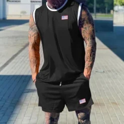 Best OUKU Men's Tennis Shirt Shorts and T Shirt Set Casual Sleeveless Suit Sleeveless Crew Neck Summer Color Block Gymnatics Casual 2 Piece Vacation Daily Wear Activewear Black White Green Top Tee for Men