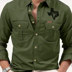 Hot OUKU Men's Texas Cow Print Work Shirt Western Shirt Cargo Shirt Long Sleeve Casual Tactical Sports & Outdoor Going out Winter Spring & Fall Turndown Print Black Army Green Khaki Beige