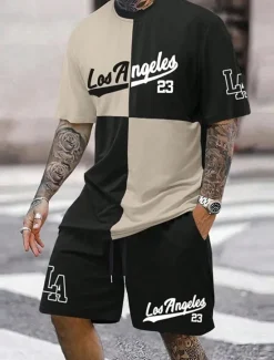 Outlet OUKU Men's Text / Number 2pcs Tees sets Summer Tops Short Sleeve Short Pants Crew Neck Athleisure Sports & Outdoor Sport Casual Daily Crewneck Summer White Blue Brown