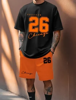 New OUKU Men's Text / Number 2pcs Tees sets Summer Tops Short Sleeve Short Pants Crew Neck Athleisure Sport Casual Daily Crewneck Summer Black White Green