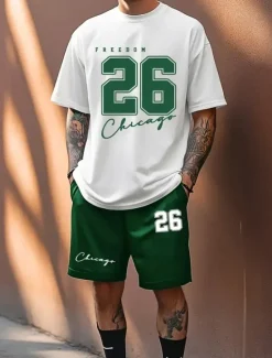 New OUKU Men's Text / Number 2pcs Tees sets Summer Tops Short Sleeve Short Pants Crew Neck Athleisure Sport Casual Daily Crewneck Summer Black White Green