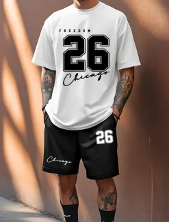 New OUKU Men's Text / Number 2pcs Tees sets Summer Tops Short Sleeve Short Pants Crew Neck Athleisure Sport Casual Daily Crewneck Summer Black White Green