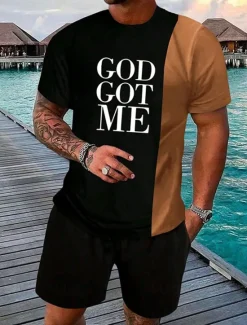 Best OUKU Men's Text / Number 2pcs Tees sets Summer Tops Short Sleeve Short Pants Crew Neck Sport Casual Outdoor Sport Daily 3D Print Summer Grey Green Brown