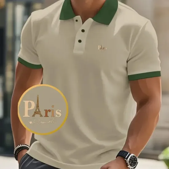 New OUKU Men's Text Eiffel Tower Polo Short Sleeve Polo Shirts Collared Shirts Business Casual School Athleisure Daily Wear 3D Print Summer Black Pink Navy Blue