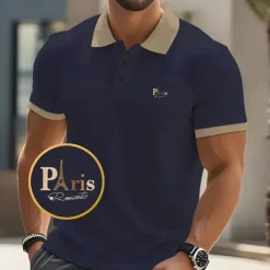 New OUKU Men's Text Eiffel Tower Polo Short Sleeve Polo Shirts Collared Shirts Business Casual School Athleisure Daily Wear 3D Print Summer Black Pink Navy Blue