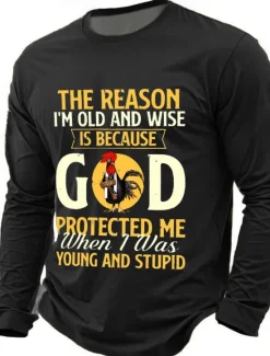 Hot OUKU Men's The Reason I'm Old And Wise Is Because God Protected Me When I Was Young And Stupid Funny Slang T Shirt Long Sleeve T shirt 3D Print Crew Neck Shirt Fashion Basic Street Casual Daily Clothing