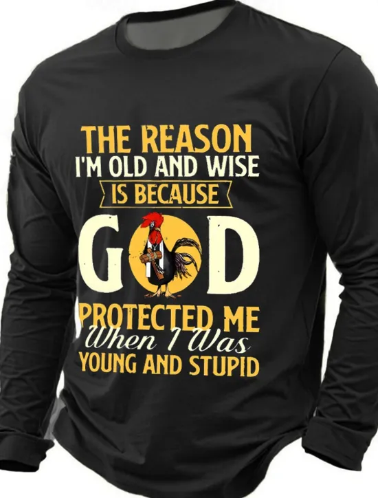 Hot OUKU Men's The Reason I'm Old And Wise Is Because God Protected Me When I Was Young And Stupid Funny Slang T Shirt Long Sleeve T shirt 3D Print Crew Neck Shirt Fashion Basic Street Casual Daily Clothing