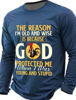 Hot OUKU Men's The Reason I'm Old And Wise Is Because God Protected Me When I Was Young And Stupid Funny Slang T Shirt Long Sleeve T shirt 3D Print Crew Neck Shirt Fashion Basic Street Casual Daily Clothing