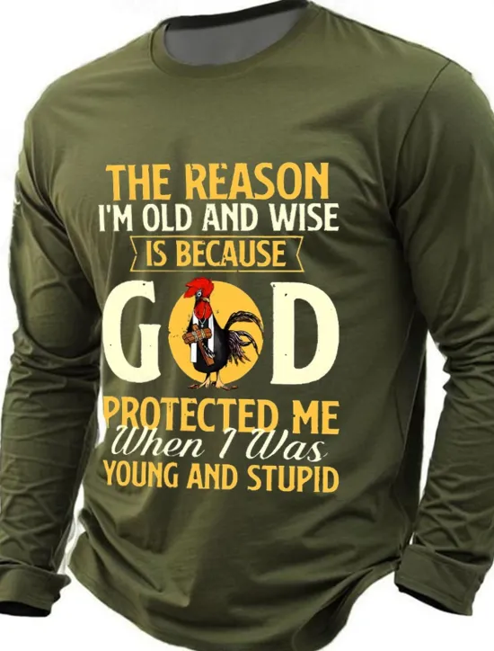 Hot OUKU Men's The Reason I'm Old And Wise Is Because God Protected Me When I Was Young And Stupid Funny Slang T Shirt Long Sleeve T shirt 3D Print Crew Neck Shirt Fashion Basic Street Casual Daily Clothing
