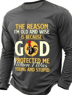 Hot OUKU Men's The Reason I'm Old And Wise Is Because God Protected Me When I Was Young And Stupid Funny Slang T Shirt Long Sleeve T shirt 3D Print Crew Neck Shirt Fashion Basic Street Casual Daily Clothing