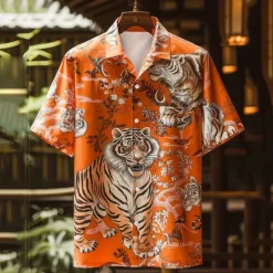 New OUKU Men's Tiger Button Up Shirt Printed Shirts Short Sleeve Subcultural Party Street Holiday Summer Turndown Pocket Print Button-Down Blue Orange Green