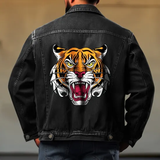 Sale OUKU Men's Tiger Coat Jean Jacket Denim Jacket Breathable Comfortable Casual Sports & Outdoor Going out Weekend Buttons Print Fall & Winter Turndown Long Sleeve Black Blue