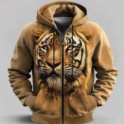 Discount OUKU Men's Tiger Hoodies Fashion Cool Long Sleeve Hooded Vacation Going out Streetwear Drawstring Zipper Fall Winter Designer Brown