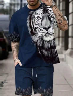Outlet OUKU Men's Tiger 2pcs Tees sets Summer Tops Short Sleeve Short Pants Crew Neck Sport Casual Outdoor Vacation Sport 3D Print Summer Grey Dark Blue Red